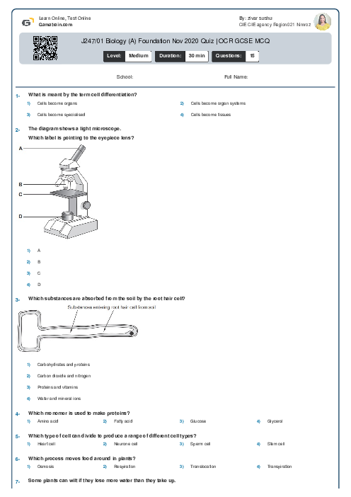 J247/01 Biology (A) Foundation Nov 2020 Quiz | OCR GCSE MCQ