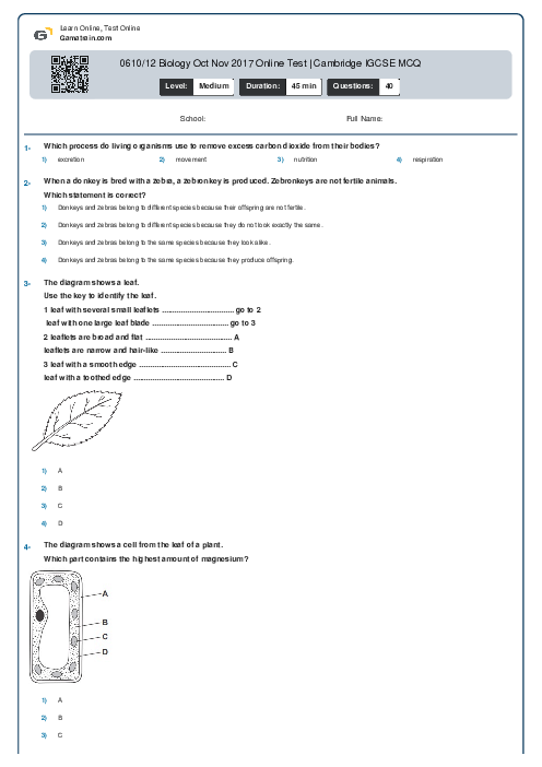 0610/12 Biology Oct Nov 2017 Online Test | Cambridge IGCSE MCQ