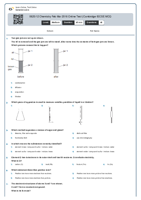 0620/12 Chemistry Feb Mar 2016 Online Test | Cambridge IGCSE MCQ