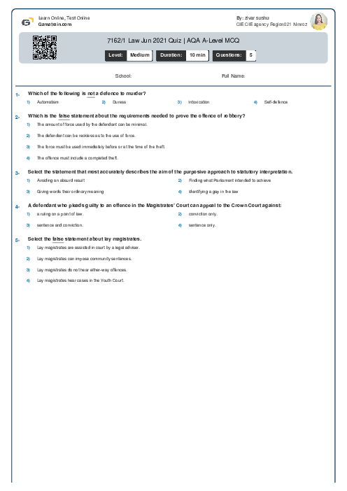 7162/1 Law Jun 2021 Quiz | AQA A Level MCQ