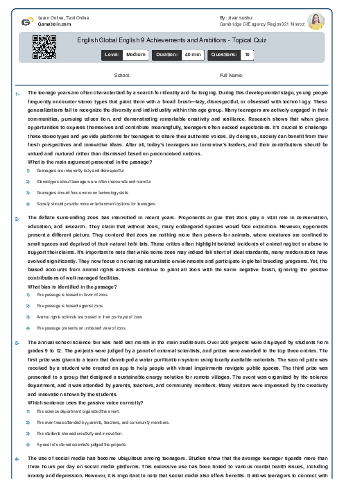 English Global English 9 Achievements and Ambitions - Topical Quiz