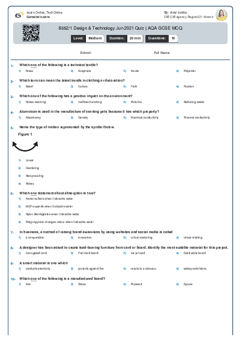 8552/1 Design & Technology Jun 2021 Quiz | AQA GCSE MCQ