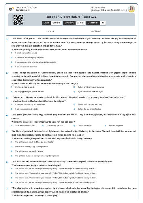  English 6 | A Different Medium - Topical Quiz
