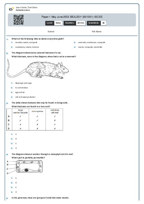 Paper 1 May June 2003 BIOLOGY (0610/01) IGCSE