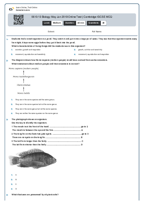 0610/13 Biology May Jun 2019 Online Test | Cambridge IGCSE MCQ