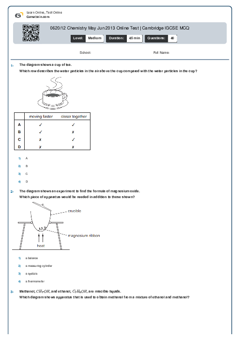 0620/12 Chemistry May Jun 2013 Online Test | Cambridge IGCSE MCQ