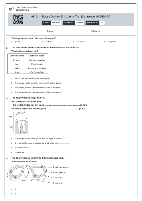 0610/11 Biology Oct Nov 2017 Online Test | Cambridge IGCSE MCQ