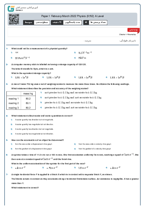 Paper 1 February/March 2022 Physics (9702) A Level