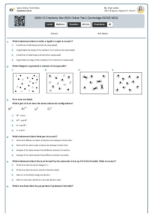 0620/12 Chemistry Mar 2024 Online Test | Cambridge IGCSE  MCQ