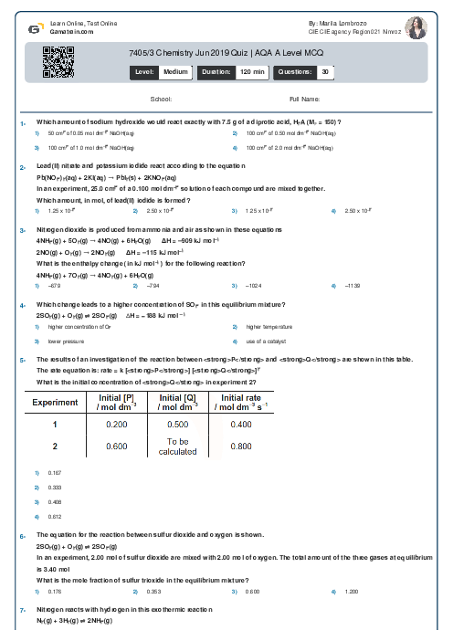 7405/3 Chemistry Jun 2019 Quiz | AQA A Level MCQ