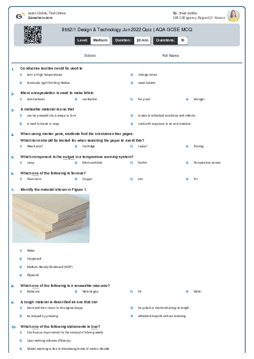 8552/1 Design & Technology Jun 2022 Quiz | AQA GCSE MCQ