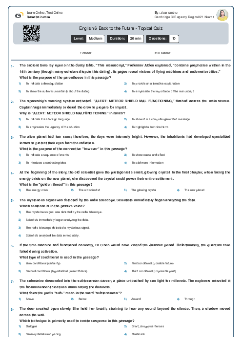 English 6 | Back to the Future - Topical Quiz