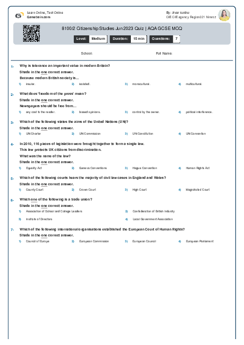 8100/2 Citizenship Studies Jun 2023 Quiz | AQA GCSE MCQ