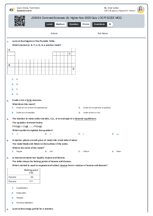J250/04 Combined Science (A) Foundation Nov 2020 Quiz | OCR GCSE MCQ