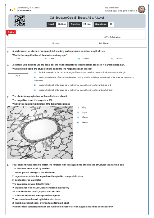 Cell Structure Quiz (6) Biology AS Level