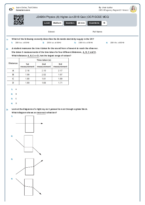  J249/04 Physics (A) Higher Jun 2018 Quiz | OCR GCSE MCQ