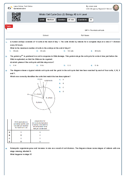 Mitotic Cell Cycle Quiz (2) Biology AS Level