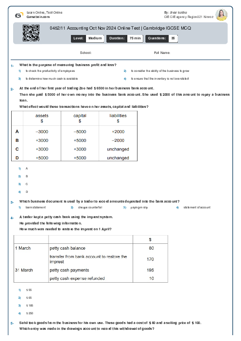 0452/11 Accounting Oct Nov 2024 Online Test | Cambridge IGCSE MCQ