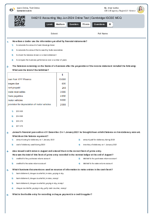 0452/13 Accounting May Jun 2024 Online Test | Cambridge IGCSE MCQ
