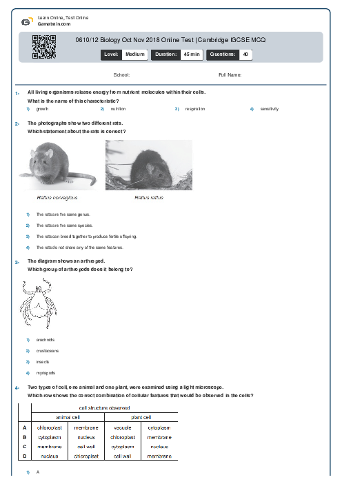 0610/12 Biology Oct Nov 2018 Online Test | Cambridge IGCSE MCQ