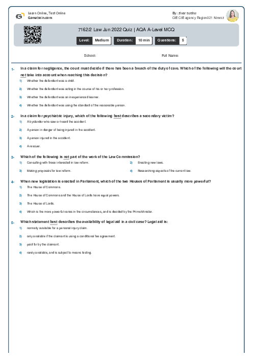  7162/2 Law Jun 2022 Quiz | AQA A Level MCQ