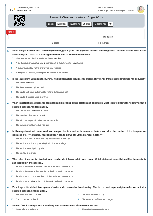 Science 6 Chemical reactions - Topical Quiz