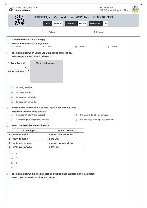 J249/02 Physics (A) Foundation Jun 2022 Quiz | OCR GCSE MCQ