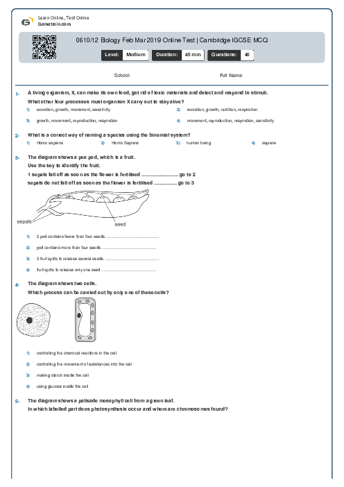 0610/12 Biology Feb Mar 2019 Online Test | Cambridge IGCSE MCQ