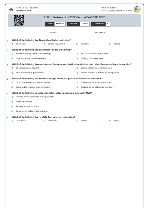 8132/1 Business Jun 2022 Quiz | AQA GCSE MCQ