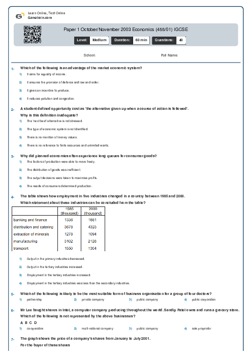 Paper 1 October/November 2003 Economics (455/01) IGCSE