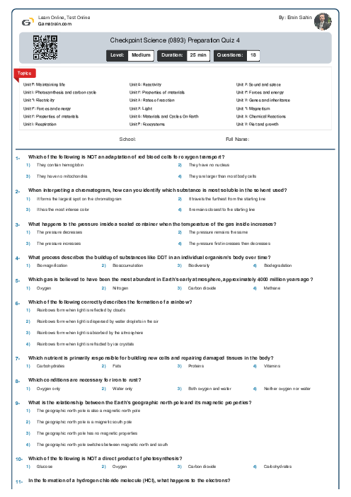 Checkpoint Science (0893) Preparation Quiz 4