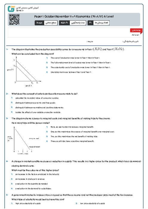 Paper 1 October/November 2009 Economics (9708/12) A Level