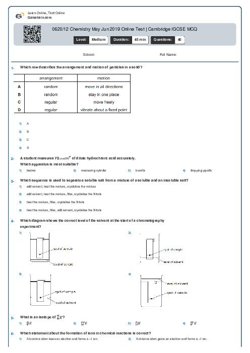 0620/12 Chemistry May Jun 2019 Online Test | Cambridge IGCSE MCQ