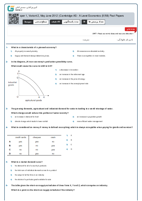 9708/12 Economics May Jun 2012 Online Test | Cambridge AS and A Level MCQ