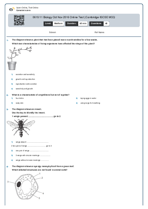 0610/11 Biology Oct Nov 2016 Online Test | Cambridge IGCSE MCQ