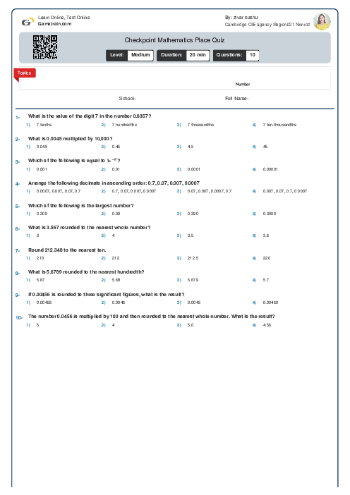 Checkpoint Mathematics Place Values Ordering and Rounding Quiz