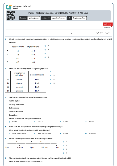 9700/12 Biology Oct Nov 2012 Online Test | Cambridge AS and A Level MCQ