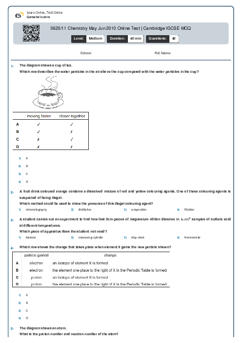 0620/11 Chemistry May Jun 2010 Online Test | Cambridge IGCSE MCQ