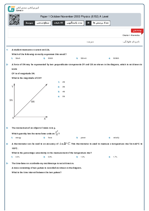 Paper 1 October/November 2003 Physics (9702) A Level