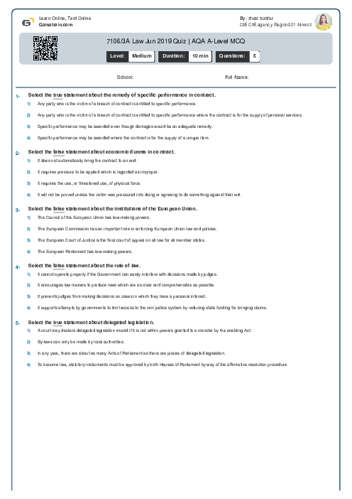 7162/3A Law Jun 2019 Quiz | AQA A Level MCQ
