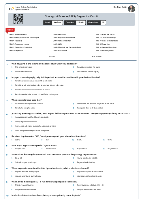 Checkpoint Science (0893) Preparation Quiz 8