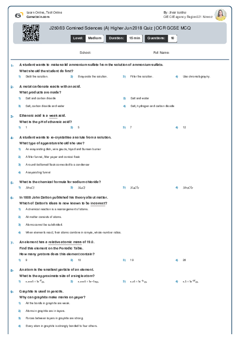 J250/03 Combined Science (A) Foundation Jun 2018 Quiz | OCR GCSE MCQ