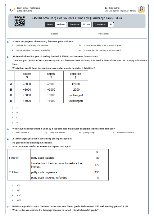 0452/13 Accounting Oct Nov 2024 Online Test | Cambridge IGCSE MCQ