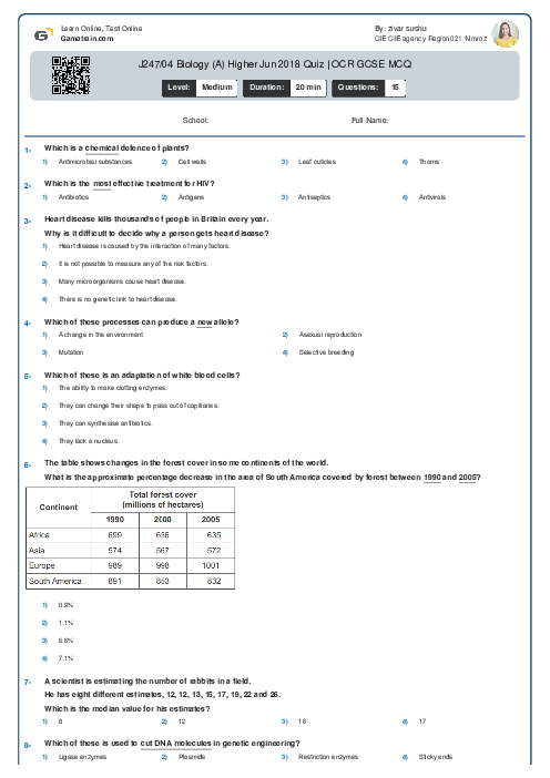 J247/04 Biology (A) Higher Jun 2018 Quiz | OCR GCSE MCQ