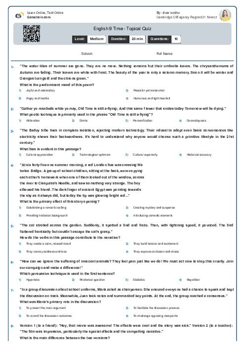  English 9 | Time - Topical Quiz