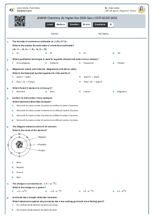  J248/03 Chemistry (A) Higher Nov 2020 Quiz | OCR GCSE MCQ