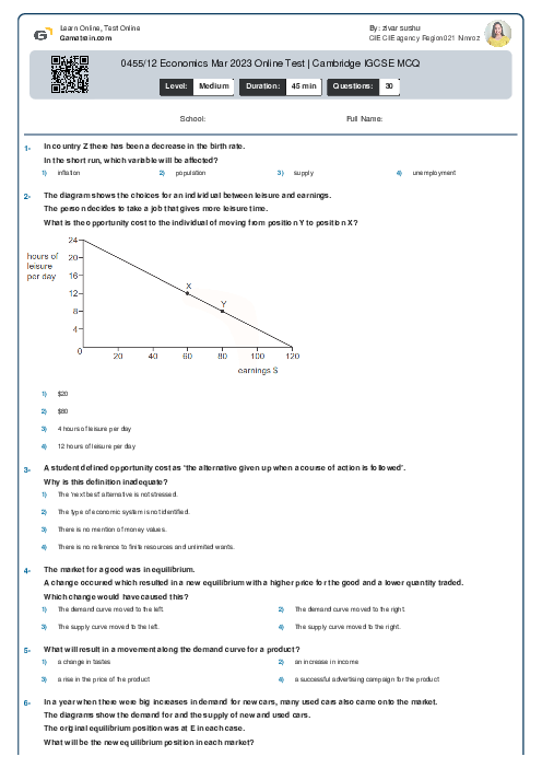 0455/12 Economics Mar 2023 Online Test | Cambridge IGCSE MCQ