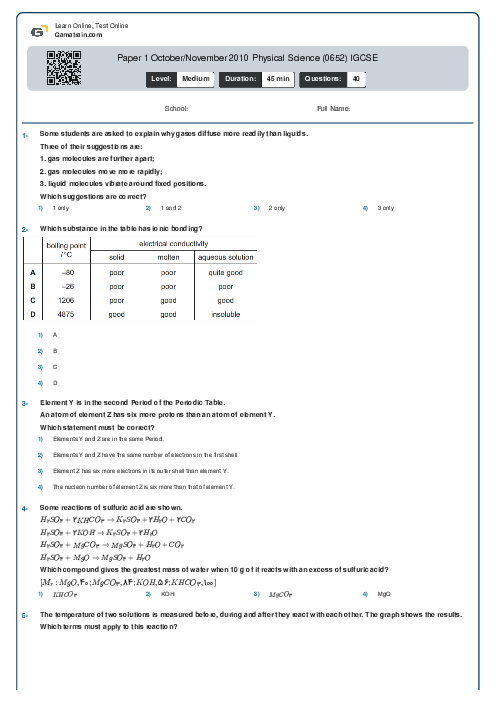 Paper 1 October/November 2010 Physical Science (0652) IGCSE