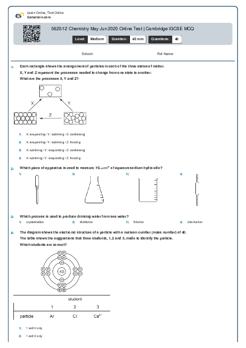 0620/12 Chemistry May Jun 2020 Online Test | Cambridge IGCSE MCQ