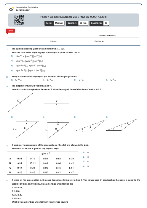 Paper 1 October/November 2007 Physics (9702) A Level